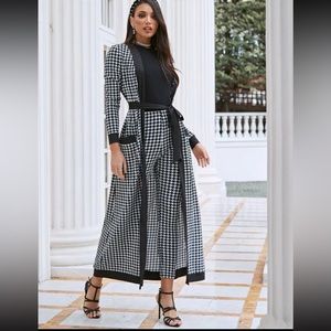Contrast Trim Houndstooth Coat and Pants Set